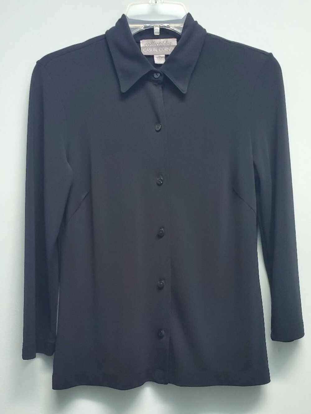 Vintage 90s Casual Corner Collectibles Black Button Up Blouse Top M Rayon Blend